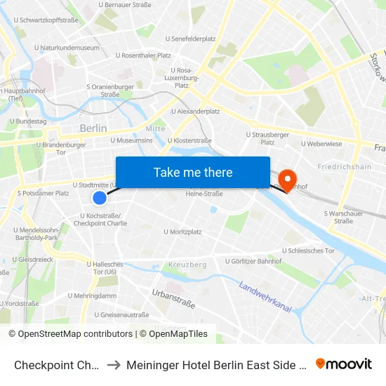 Checkpoint Charlie to Meininger Hotel Berlin East Side Gallery map