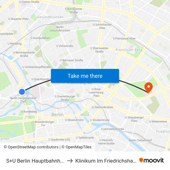S+U Berlin Hauptbahnhof to Klinikum Im Friedrichshain map