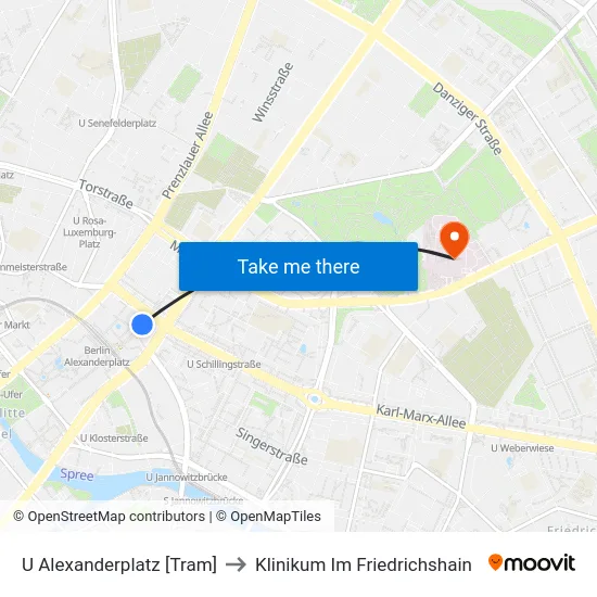 U Alexanderplatz [Tram] to Klinikum Im Friedrichshain map