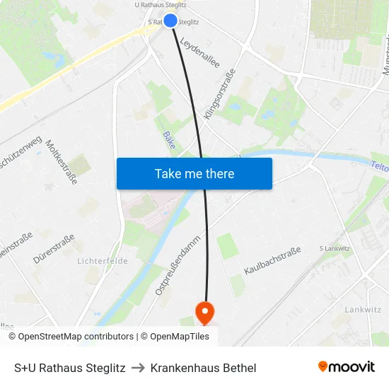 S+U Rathaus Steglitz to Krankenhaus Bethel map