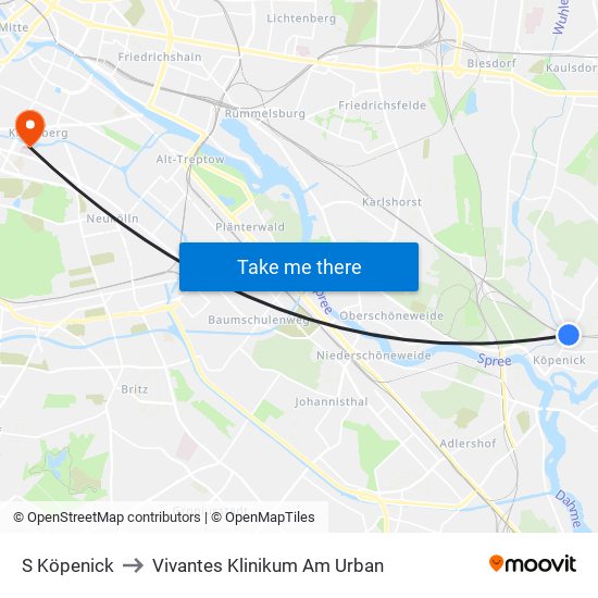 S Köpenick to Vivantes Klinikum Am Urban map