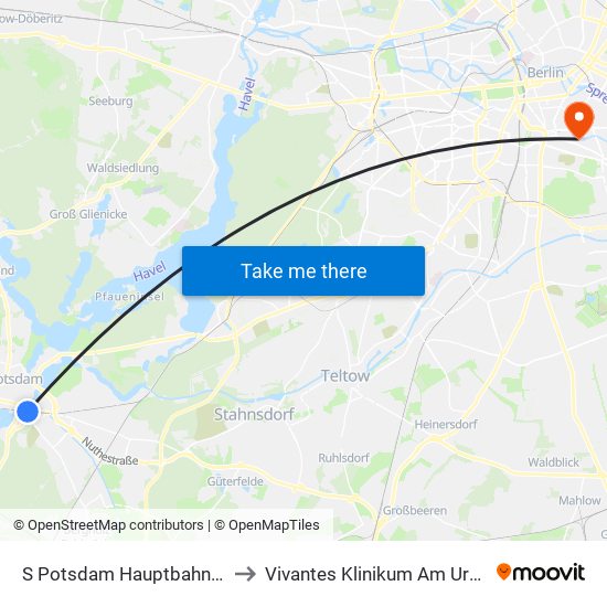 S Potsdam Hauptbahnhof to Vivantes Klinikum Am Urban map