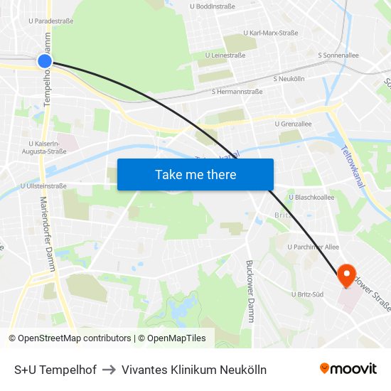 S+U Tempelhof to Vivantes Klinikum Neukölln map