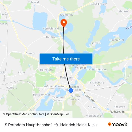 S Potsdam Hauptbahnhof to Heinrich-Heine-Klinik map