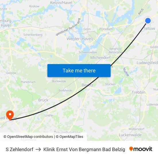 S Zehlendorf to Klinik Ernst Von Bergmann Bad Belzig map