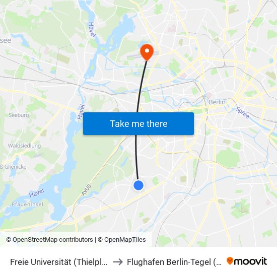 Freie Universität (Thielplatz) to Flughafen Berlin-Tegel (Txl) map