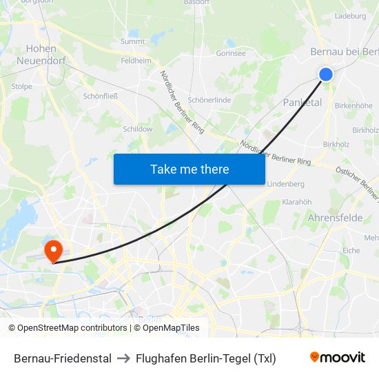 Bernau-Friedenstal to Flughafen Berlin-Tegel (Txl) map