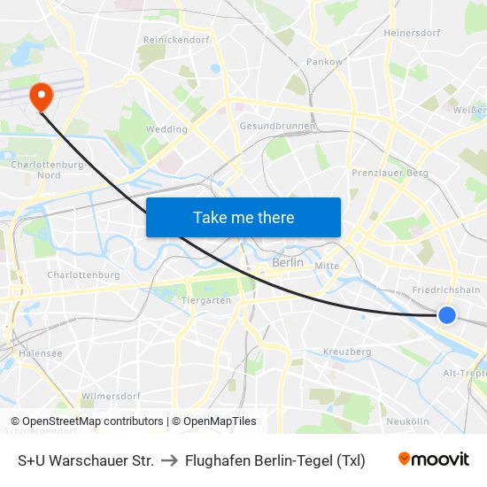 S+U Warschauer Str. to Flughafen Berlin-Tegel (Txl) map