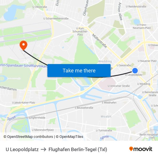U Leopoldplatz to Flughafen Berlin-Tegel (Txl) map