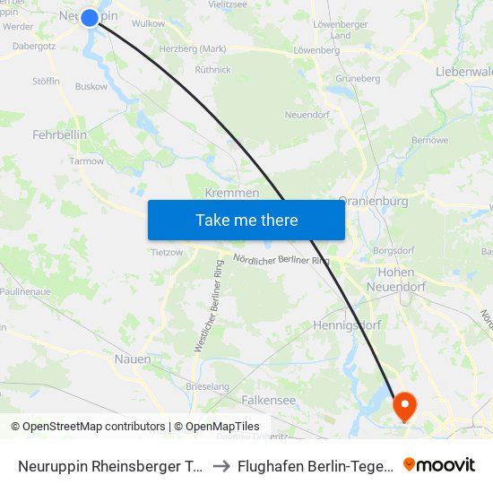 Neuruppin Rheinsberger Tor Bhf to Flughafen Berlin-Tegel (Txl) map