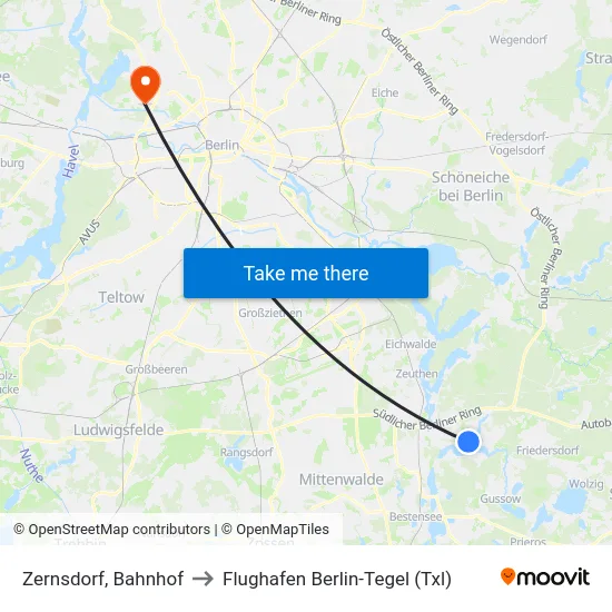 Zernsdorf, Bahnhof to Flughafen Berlin-Tegel (Txl) map