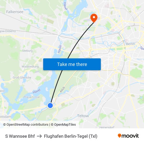 S Wannsee Bhf to Flughafen Berlin-Tegel (Txl) map