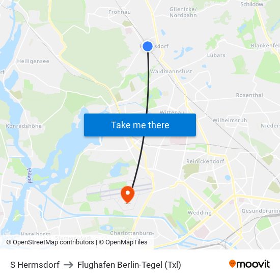 S Hermsdorf to Flughafen Berlin-Tegel (Txl) map