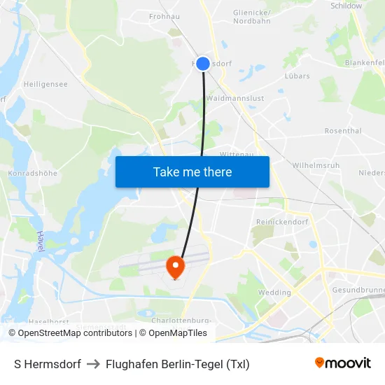 S Hermsdorf to Flughafen Berlin-Tegel (Txl) map