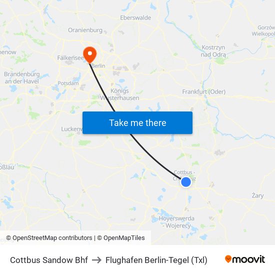 Cottbus Sandow Bhf to Flughafen Berlin-Tegel (Txl) map