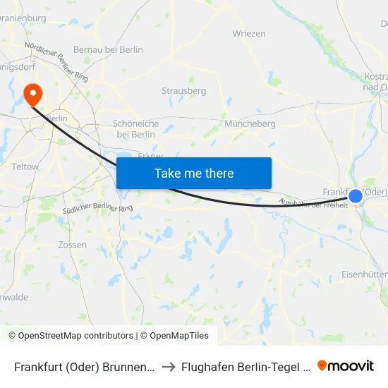 Frankfurt (Oder) Brunnenplatz to Flughafen Berlin-Tegel (Txl) map