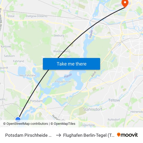 Potsdam Pirschheide Bhf to Flughafen Berlin-Tegel (Txl) map