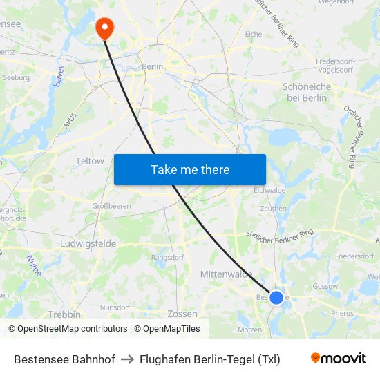 Bestensee Bahnhof to Flughafen Berlin-Tegel (Txl) map