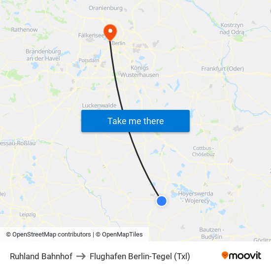 Ruhland Bahnhof to Flughafen Berlin-Tegel (Txl) map