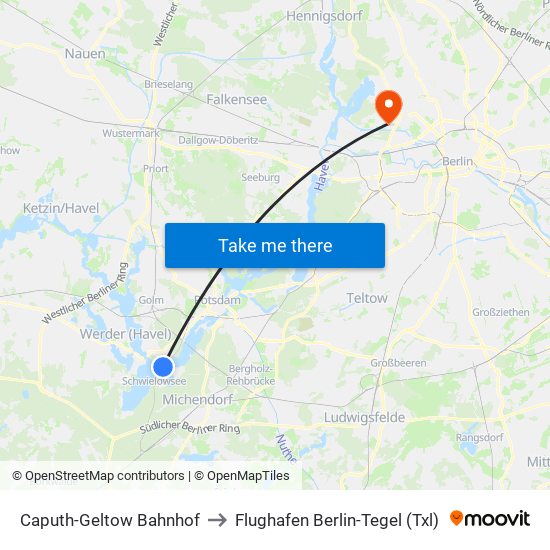 Caputh-Geltow Bahnhof to Flughafen Berlin-Tegel (Txl) map