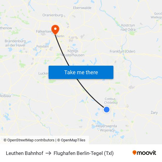 Leuthen Bahnhof to Flughafen Berlin-Tegel (Txl) map