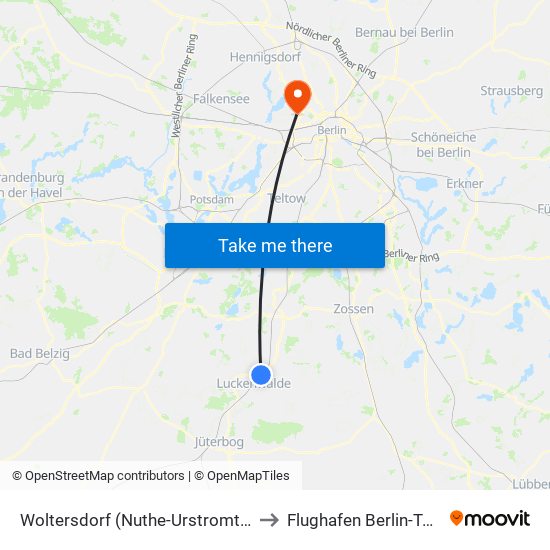 Woltersdorf (Nuthe-Urstromtal) Bahnhof to Flughafen Berlin-Tegel (Txl) map