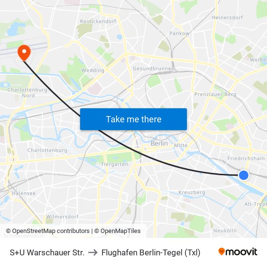 S+U Warschauer Str. to Flughafen Berlin-Tegel (Txl) map