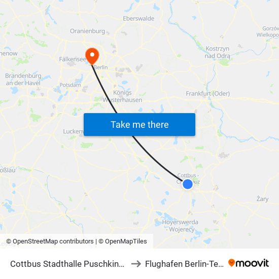 Cottbus Stadthalle Puschkinpromenade to Flughafen Berlin-Tegel (Txl) map