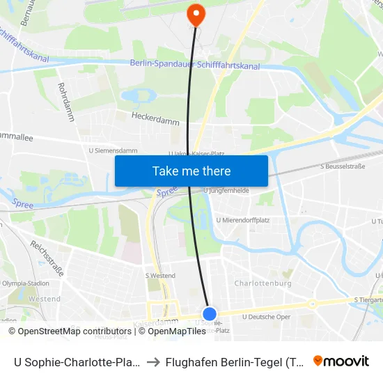 U Sophie-Charlotte-Platz to Flughafen Berlin-Tegel (Txl) map
