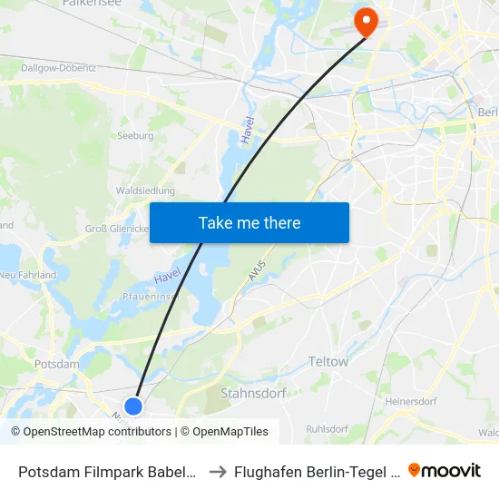 Potsdam Filmpark Babelsberg to Flughafen Berlin-Tegel (Txl) map