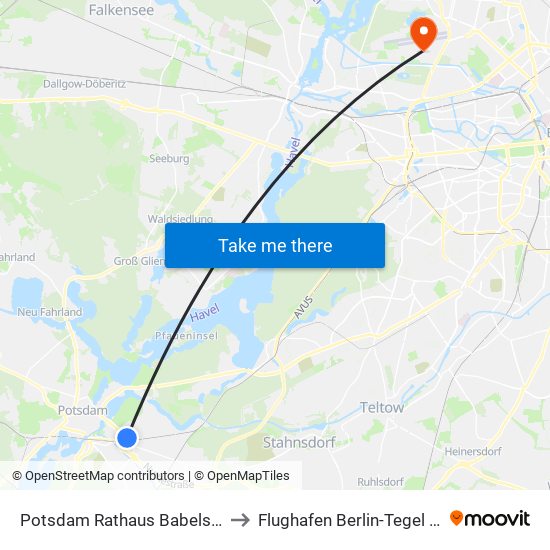 Potsdam Rathaus Babelsberg to Flughafen Berlin-Tegel (Txl) map