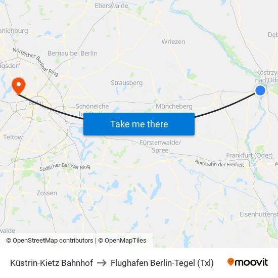 Küstrin-Kietz Bahnhof to Flughafen Berlin-Tegel (Txl) map