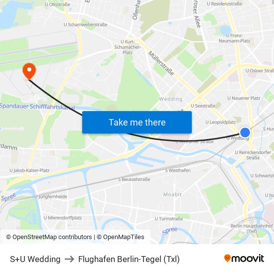 S+U Wedding to Flughafen Berlin-Tegel (Txl) map