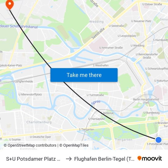 S+U Potsdamer Platz Bhf to Flughafen Berlin-Tegel (Txl) map