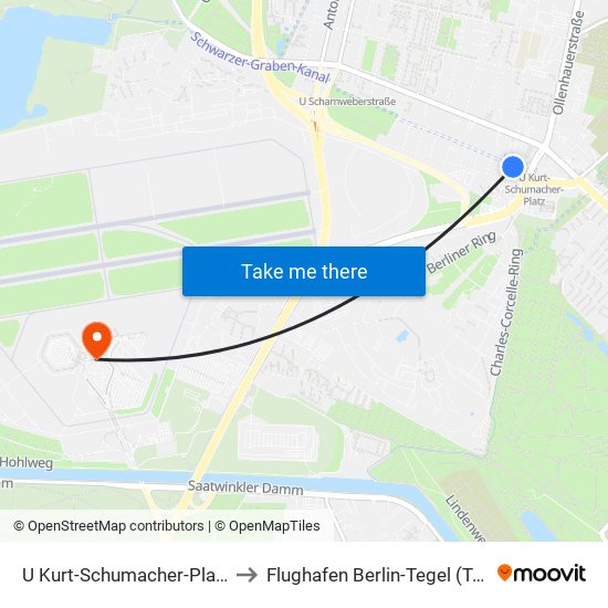 U Kurt-Schumacher-Platz to Flughafen Berlin-Tegel (Txl) map