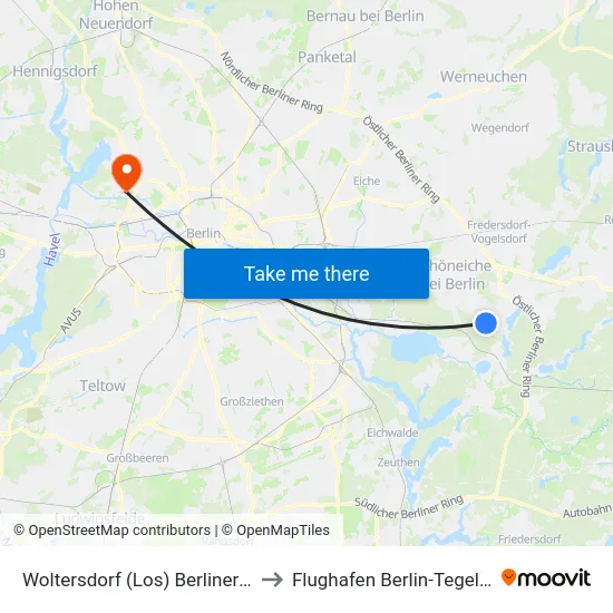 Woltersdorf (Los) Berliner Platz to Flughafen Berlin-Tegel (Txl) map