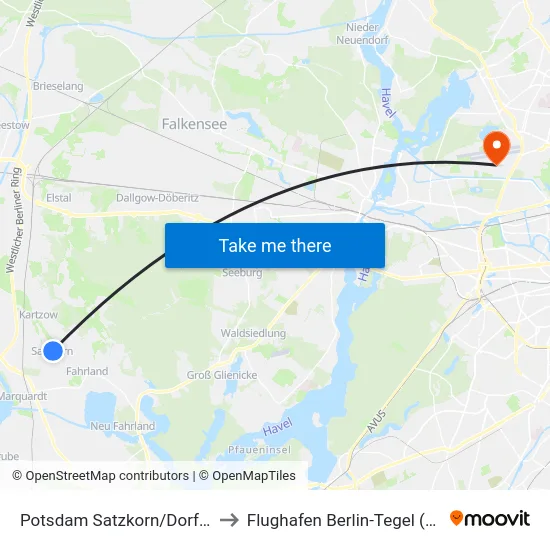 Potsdam Satzkorn/Dorfstr. to Flughafen Berlin-Tegel (Txl) map