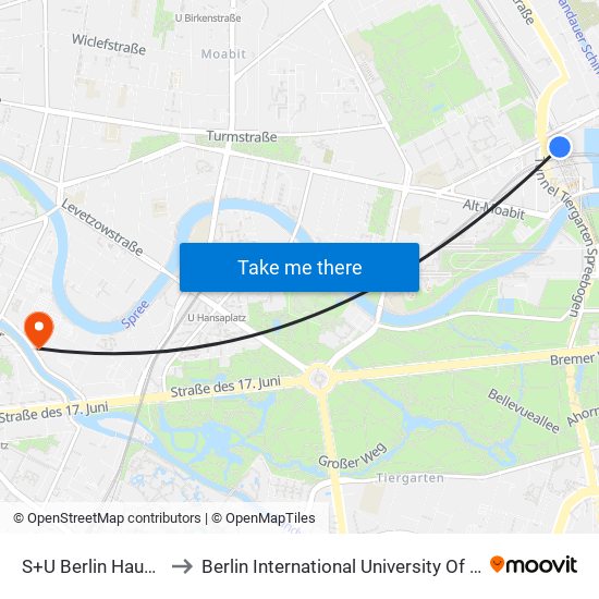 S+U Berlin Hauptbahnhof to Berlin International University Of Applied Sciences map