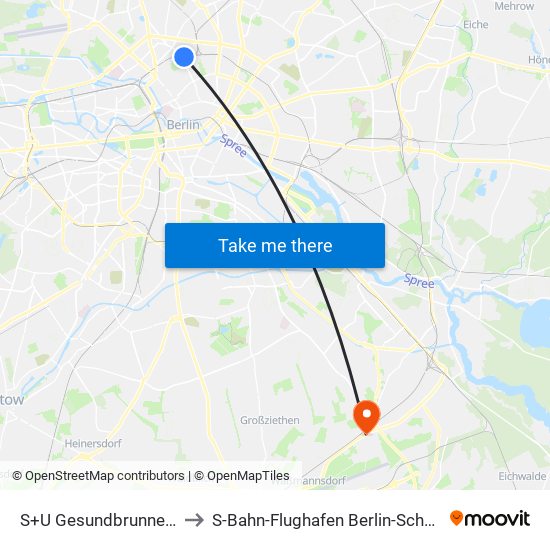 S+U Gesundbrunnen Bhf to S-Bahn-Flughafen Berlin-Schönefeld map