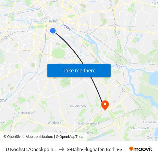 U Kochstr./Checkpoint Charlie to S-Bahn-Flughafen Berlin-Schönefeld map