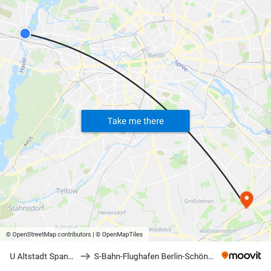 U Altstadt Spandau to S-Bahn-Flughafen Berlin-Schönefeld map