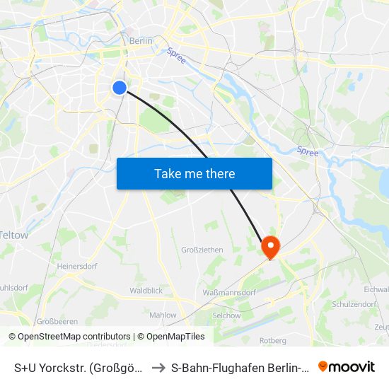 S+U Yorckstr. (Großgörschenstr.) to S-Bahn-Flughafen Berlin-Schönefeld map