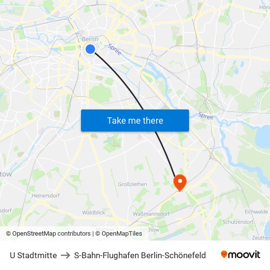 U Stadtmitte to S-Bahn-Flughafen Berlin-Schönefeld map