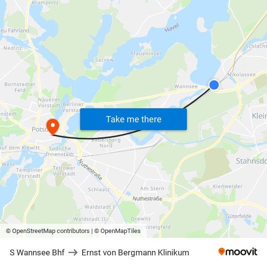 S Wannsee Bhf to Ernst von Bergmann Klinikum map