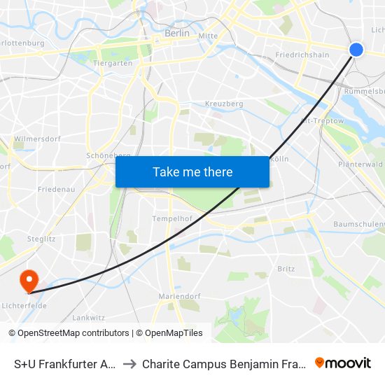 S+U Frankfurter Allee to Charite Campus Benjamin Franklin map