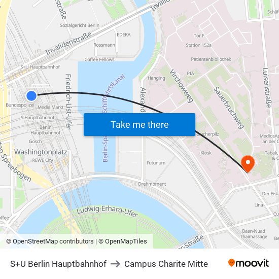 S+U Berlin Hauptbahnhof to Campus Charite Mitte map