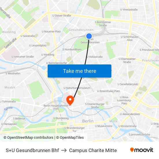 S+U Gesundbrunnen Bhf to Campus Charite Mitte map