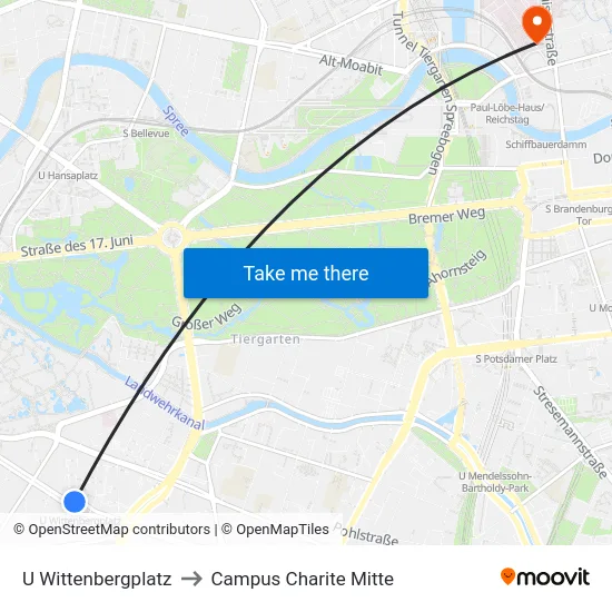 U Wittenbergplatz to Campus Charite Mitte map