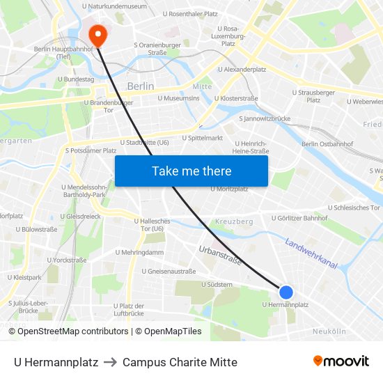 U Hermannplatz to Campus Charite Mitte map