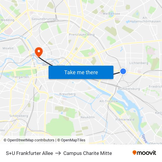 S+U Frankfurter Allee to Campus Charite Mitte map
